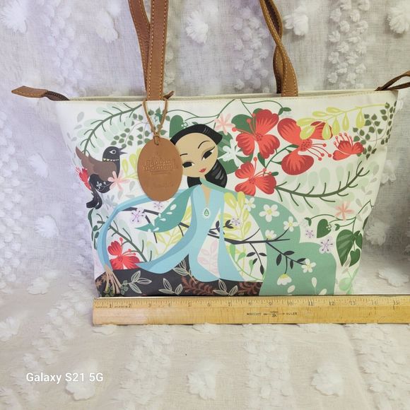 Sepiring Indonesia Girl Birds Of Paradise Floral Fabric Leather Tote Hawaii RARE - Picture 7 of 10